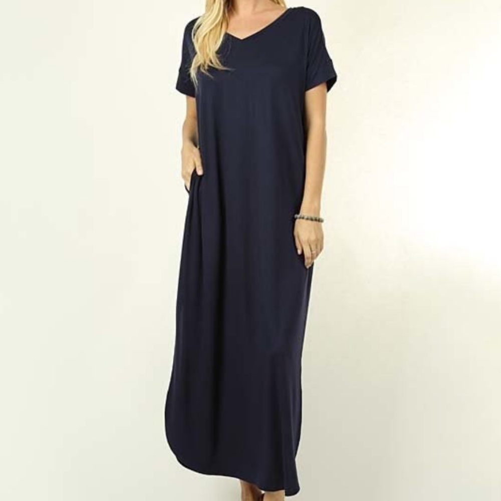 Navy Blue V neck Side Pockets Maxi Dress